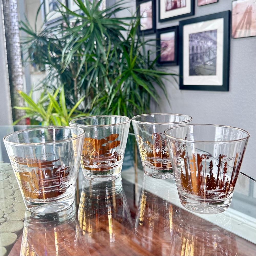 Four (4) MCM California Commemorative Roos/Atkins Rocks Whiskey Glasses MINT!🥃